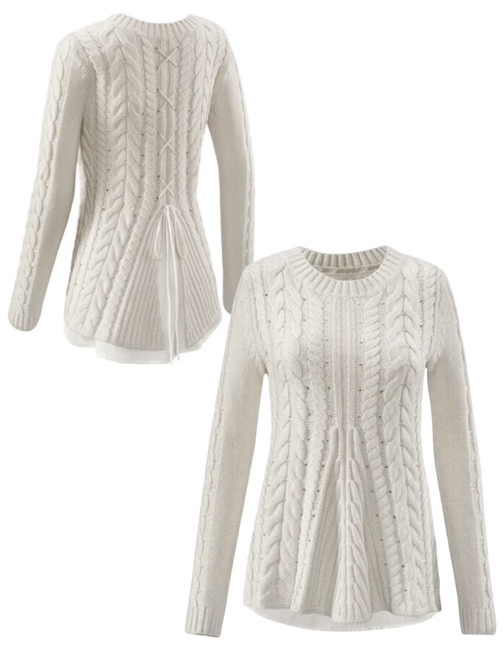 CAbi Fisherman Cable Knit Braided Chiffon Back Cream Sweater Size Large